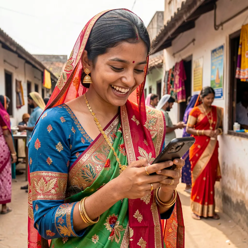 Smiling Bangladeshi woman browsing casino games on the 50OK mobile app with colorful lights and festive atmosphere behind her